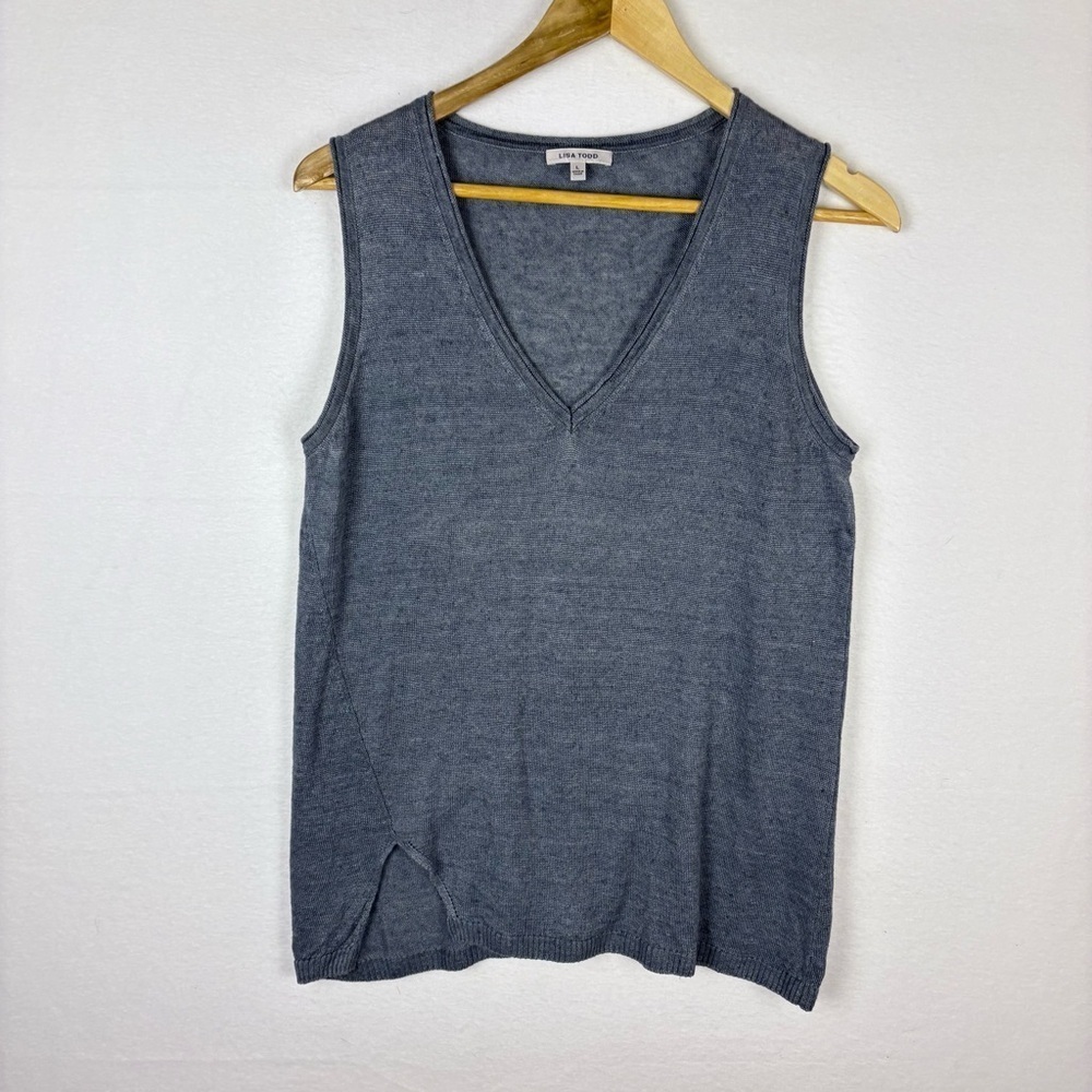 Lisa Todd Blue Gray 100% Linen Sleeveless Tank Top with V-Neck